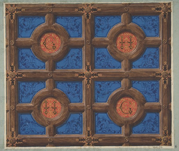 Design for the painted decoration of a coffered ceiling incorporating initials (G and H) for a house on the rue de Clichy, 1830-97.