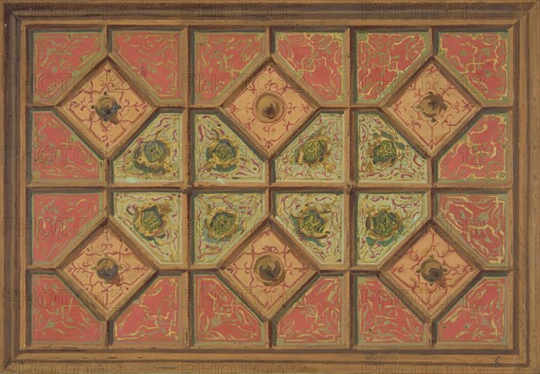 Design for the painted decoration of a coffered ceiling incorporating the initial: H, 1830-97.