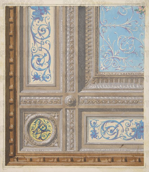 Design for the painted decoration of a coffered ceiling with initials: VR, 1830-97.
