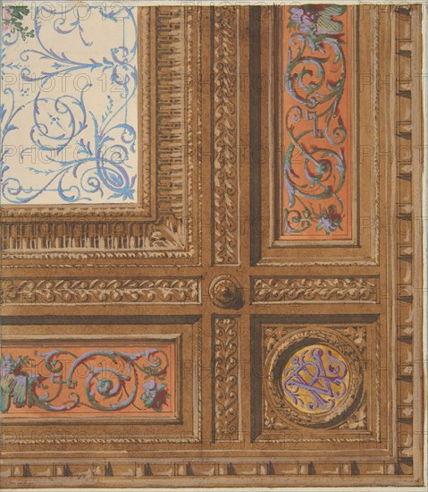 Design for the painted decoration of a coffered ceiling with initials: VR, 1830-97.