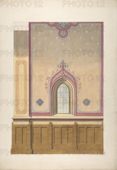 Design for the painted decoration of a wall pierced by an arched window, second half 19th century.