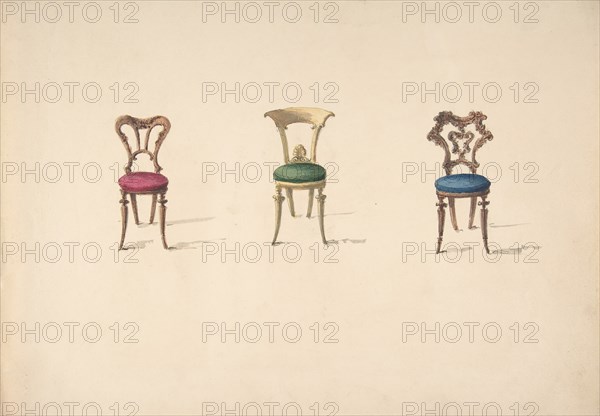 Design for Three Chairs with Red, Green and Blue Seats, early 19th century.