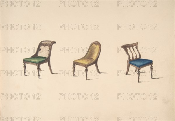 Design for Three Chairs with Slanted Backs, Green, Yellow and Blue Upholstery, early 19th century.