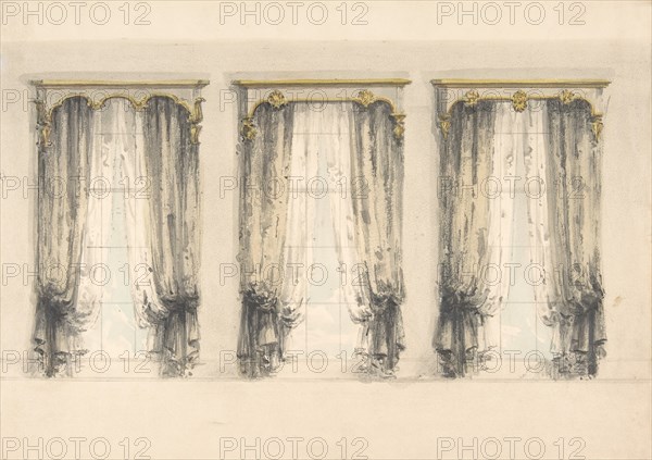 Design for Three Sets of Gray Curtains , with Gray and Gold Pediments, early 19th century.