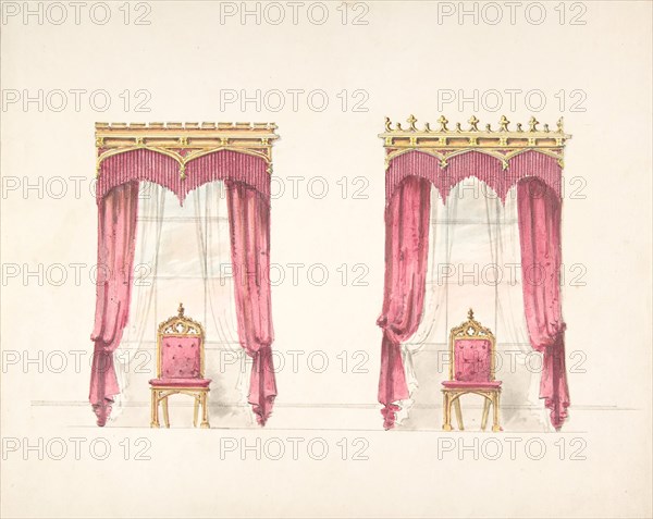 Design for Two Red Fringed Curtains with Gold Pelmets, early 19th century.
