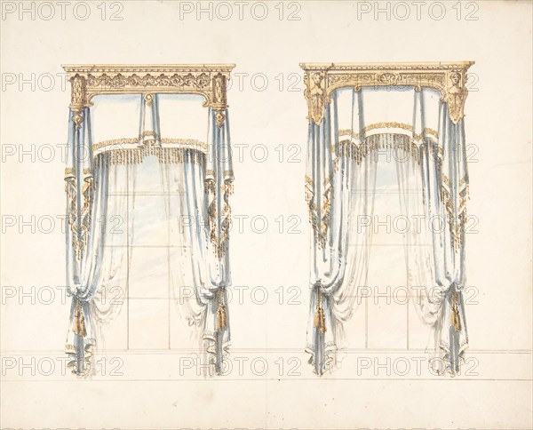Design for Two White Curtains with Gold Fringes and a Gold Pediment, early 19th century.