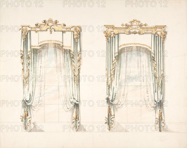 Design for Two White Curtains with Gold Fringes and a White and Gold Pelmets, early 19th century.