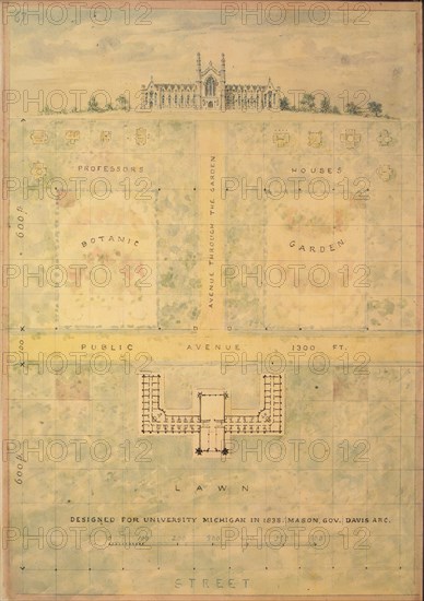 Design for University of Michigan (elevation and plan of building and grounds), ca. 1838.