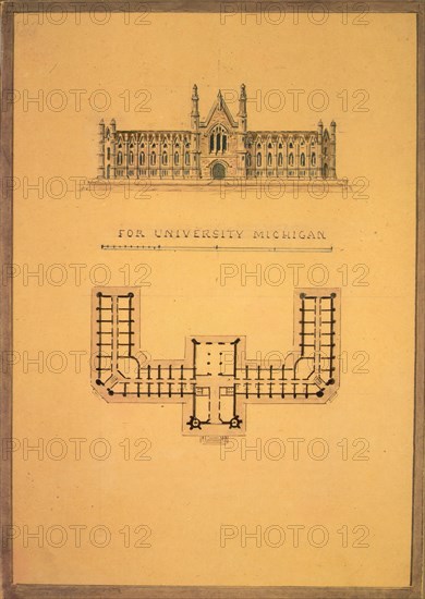 Design for University of Michigan (elevation and plan), ca. 1838-39.