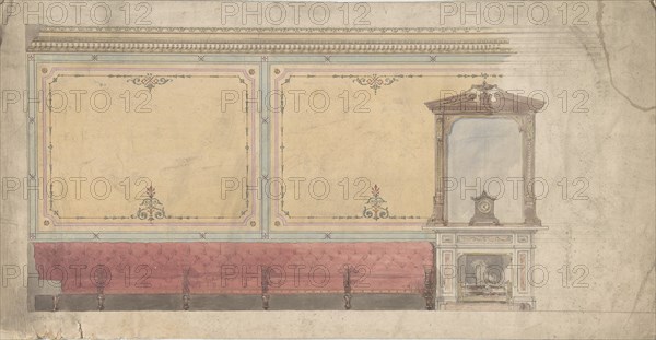 Design for Wall including Chimney and Red Banquette, 19th century.