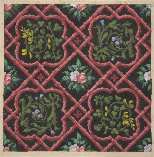 Design for wallpaper featuring flowers and latticework, 1830-97.