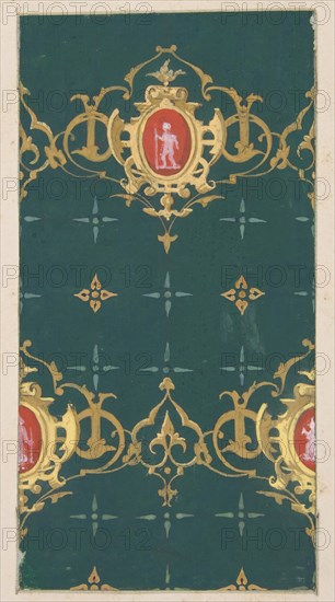 Design for wallpaper featuring rinceaux and cartouches framing figures, 1830-97.
