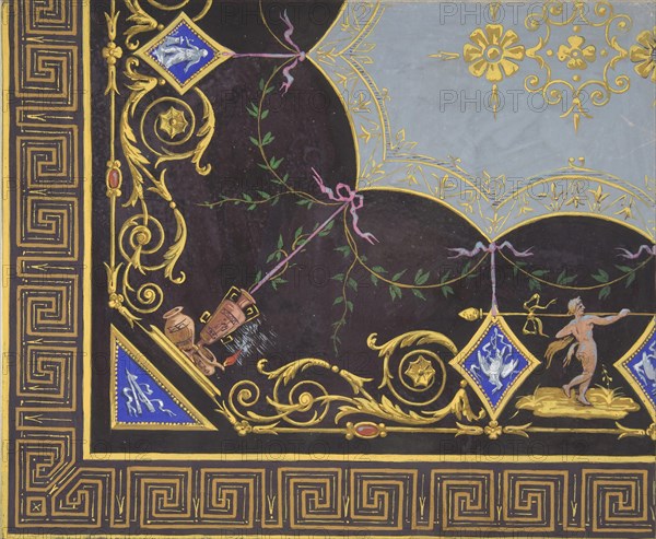 Design for wallpaper with Roman key border, rinceaux, and medallions, 1830-97.