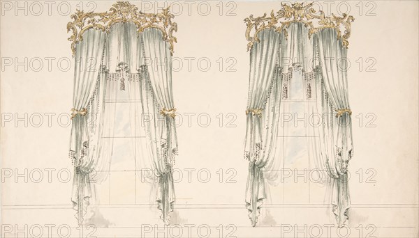 Design for White Curtains with White Fringes and a Gold and White Pediment, early 19th century.