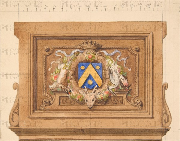 Design of a decorative panel featuring hunting trophies, a shield, and a crown, 19th century.