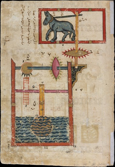 Design on Each Side for Waterwheel Worked by Donkey Power, Folio from a Book of the Knowledge of Ingenious Mechanical Devices by al-Jazari, dated A.H. 715/ A.D. 1315.