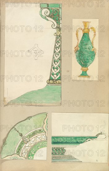 Designs for a Candlestick, Two Handled Vase, Decorated Plate and Footed Dish, 1845-55.