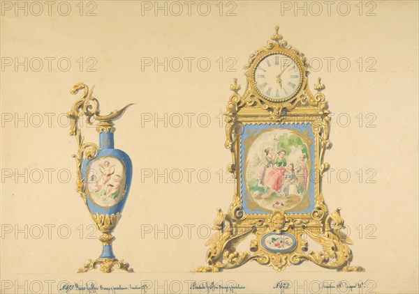 Designs for an Ewer and Clock, 19th century.