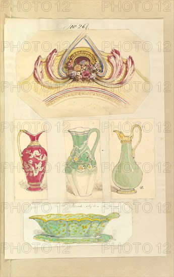 Designs for an Pierced Border Ornament, Three Pitchers and an Open Basin (recto); Design for a Candle Stick (verso), 1845-55.