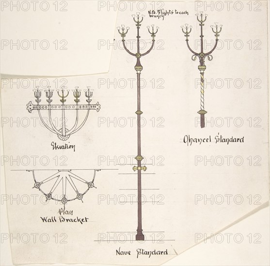 Designs for Church Lights: Wall Bracket, Nave Standard, Chancel Standard, ca. 1880.