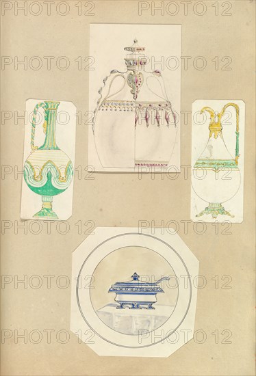 Designs for Two Ewers, a Carafe (two alternate designs), and a Covered Tureen, 1845-55.