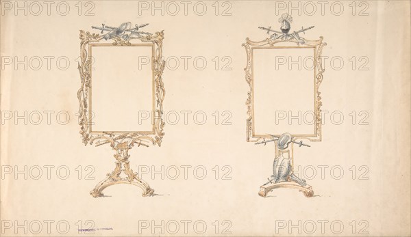 Designs for Two Mirror Frames Supported on Footed Pedestals with Armorial Ornament, early 19th century.