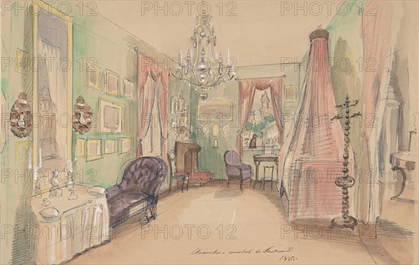 Drawing of an Interior: Bedroom, 1857.