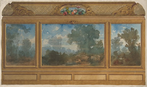 Elevation of a paneled interior decorated with painted landscapes and coves with cartouches and flowers, 1830-97.