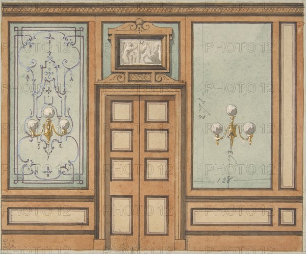 Elevation of a paneled interior with double doors and gaslight sconces, 1830-97.