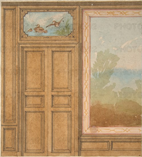 Elevation of a paneled wall with a mural or tapestry and a double doors surmounted by a painting of ducks, 19th century.