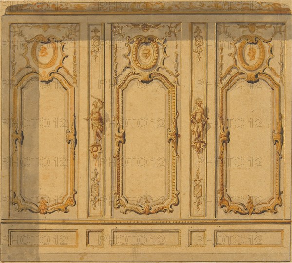 Elevation of an interior showing a wall decorated in ornate panels and mounted statuettes, 1830-97.