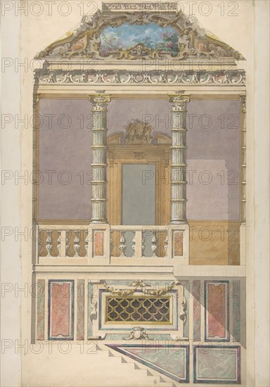 Elevation of an Italianate interior, including steps and an upper loggia decorated in composite columns, 1830-97.