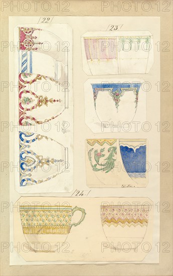 Eleven Designs for Decorated Cups, including Venice and Celestial Patterns, ca. 1852.