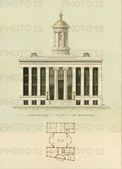 Façade Design and Old Plan for the First Merchant's Exchange, New York (unexecuted; front elevation and plan), ca. 1829.