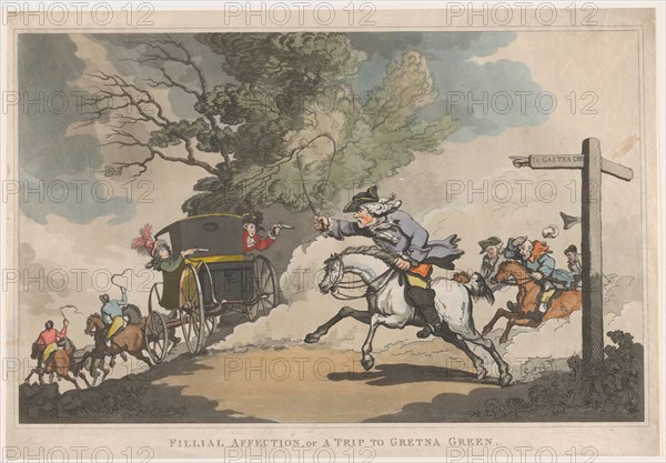 Filial Affection, or a Trip to Gretna Green, December 15, 1785. eloping couple is carried north towards Scotland in a fast post-carriage or chaise, pursued by the woman's angry father and a posse of riders. A signpost at right points "To Gretna Green". The father urges his horse forward and holds a whip, as the man and woman lean out of the coach windows and brandish pistols. A new restrictive marriage law