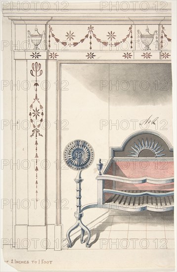 Fireplace and Grate Design with Sunflower Andirons, 19th century.