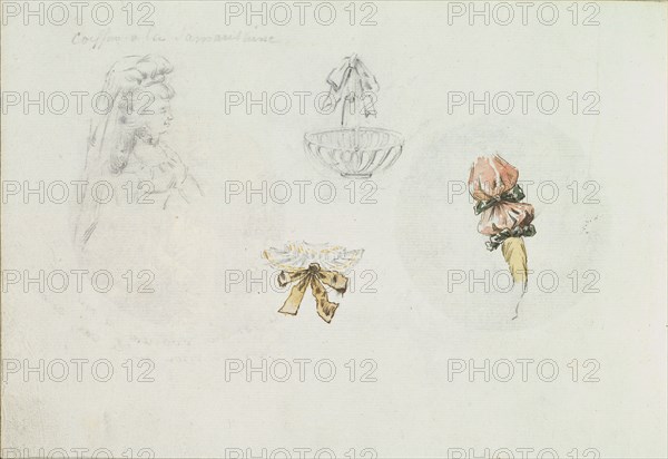 Four Costume Design Sketches of a Woman, a Basket, a Collar, and a Sleeve, ca. 1785-90.