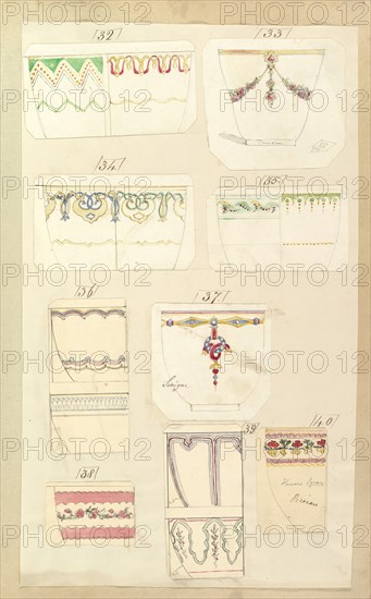 Fourteen Designs for Decorated Cups, including "Camden", Sevigne" and "Persian" Patterns, 1852.