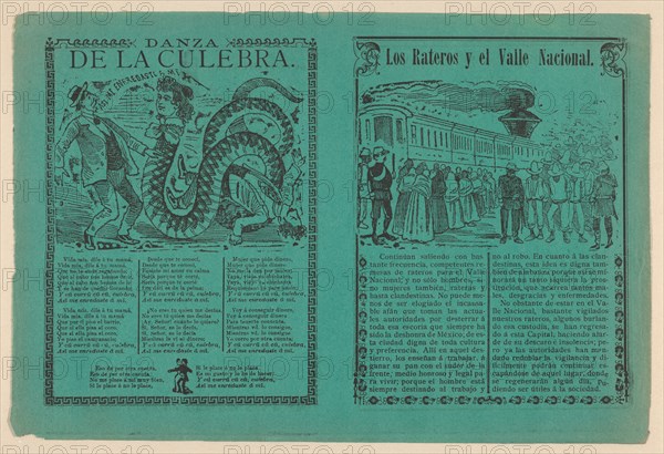 Front and back covers of a phamplet relating to a story 'The thieves and the National Valley' with illustration of indigenous men and women are being herded by men in military uniforms towards a train, on the other side 'Dance of the Snake' and a corrido, ca. 1900.