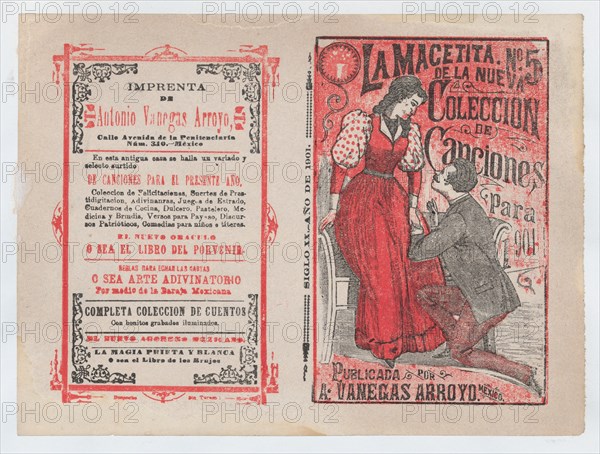Front and back covers printed on the same sheet for a collection of songs for the year 1901 (number 5), a man on his knees before a woman, 1901.