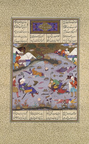 Giv Avenges Bahram by Slaying Tazhav, Folio 248r from the Shahnama (Book of Kings) of Shah Tahmasp, ca. 1525-30.