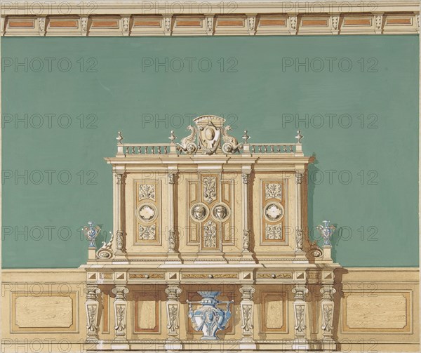 Interior Design with a Large Renaissance Style Cabinet against a Green Wall, late 19th century (?).