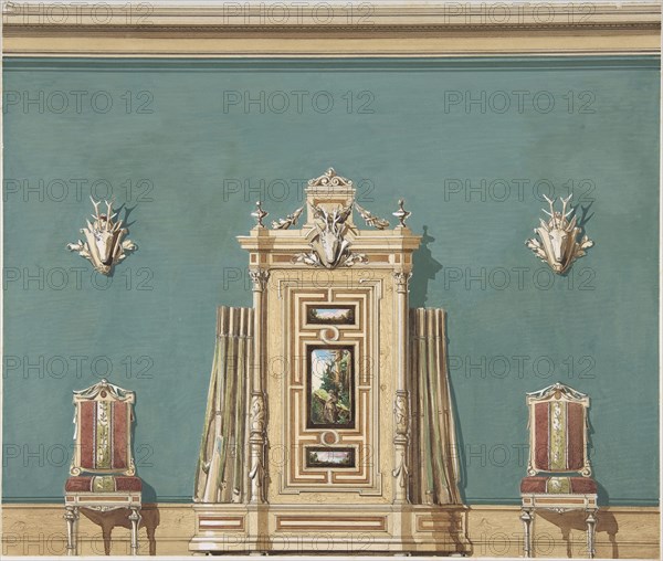 Interior Design witha Gun Cabinet and Two Chairs against a Green Wall Adorned with Trophies, late 19th century (?).