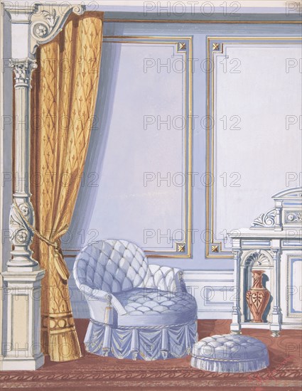 Interior Design for a Gray Curtained Alcove, with an Uphostered Armchair, Ottoman and Cabinet, late 19th century (?).
