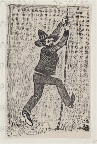 Jesús Bruno Martinez escaping from jail, from a broadside entitled 'La Fuga de Jesús Bruno Martinez de la Gárcel de Belen', ca. 1880-1910.