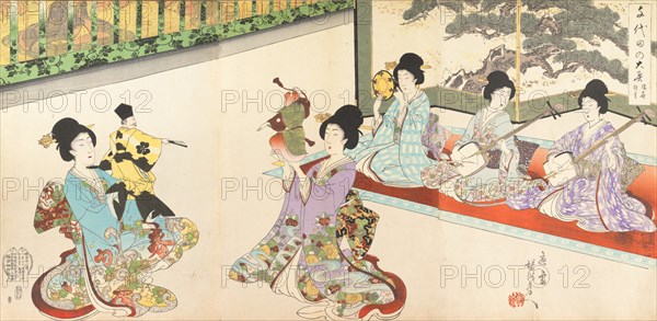 Ladies in Waiting of the Chiyoda Castle: Sword Practice and Puppet Kyogen, 1895.