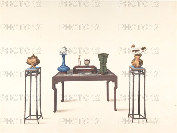 Large Table and Two Small Higher Ones with Vases, 19th century.