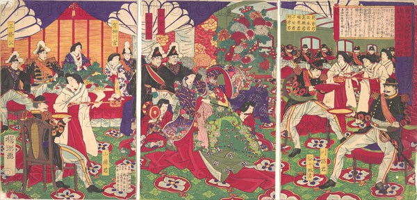 Leaders of the Pacification of the Kagoshima Rebels Celebrating with Cups of Wine from the Emperor (Kagoshima zokuto chinsei ni yotte shosho tenhai chodai no zu), September 20th, 1877.