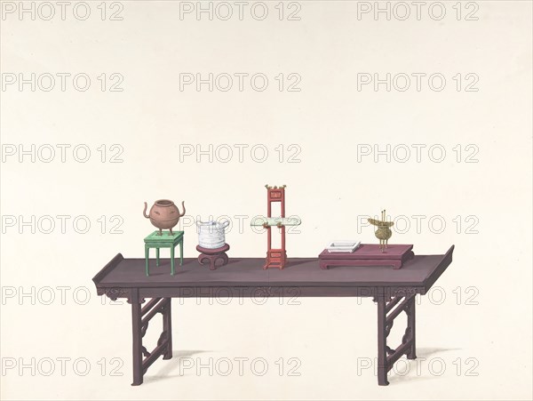 Long, Low Purple Lacquer Table with Objects, 19th century.