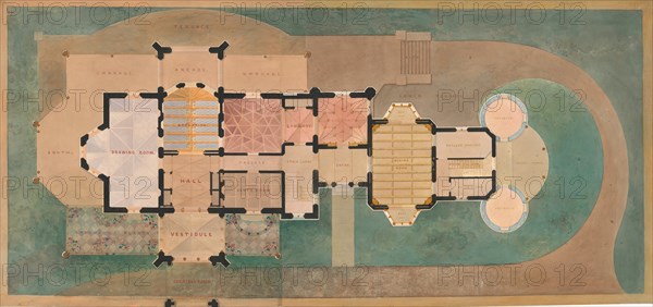 Lyndhurst for George Merritt, Tarrytown, New York (first floor plan), 1865.